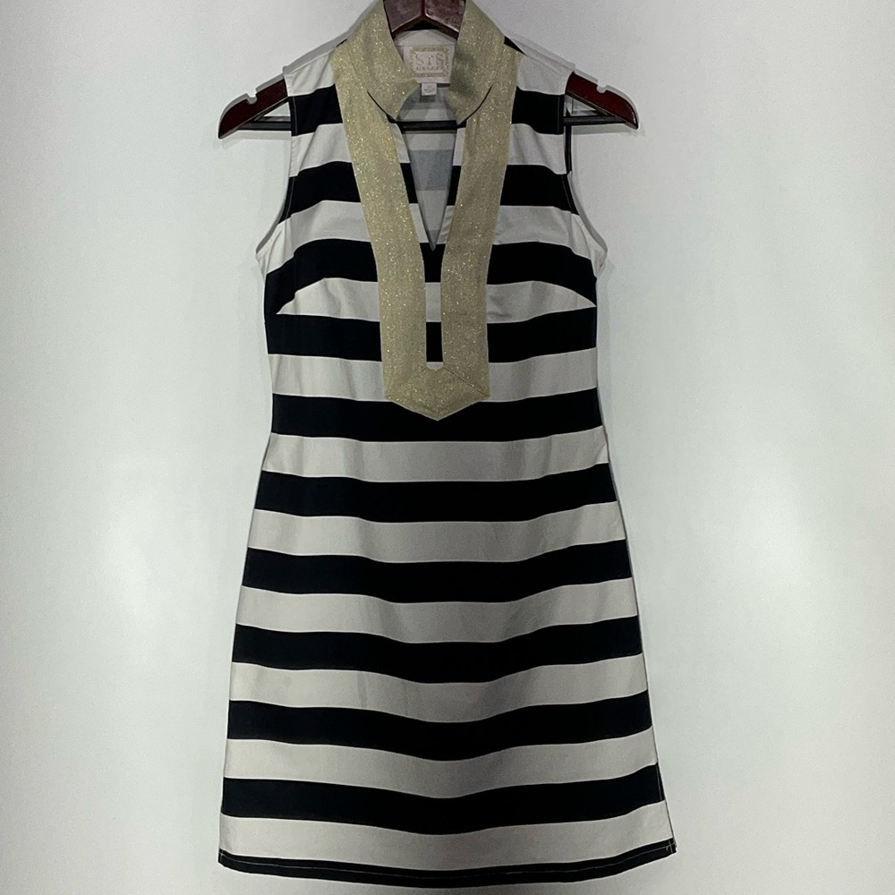 STS Sail to Sable navy & white striped dress gold collar & neckline, side zip XS - Picture 2 of 16